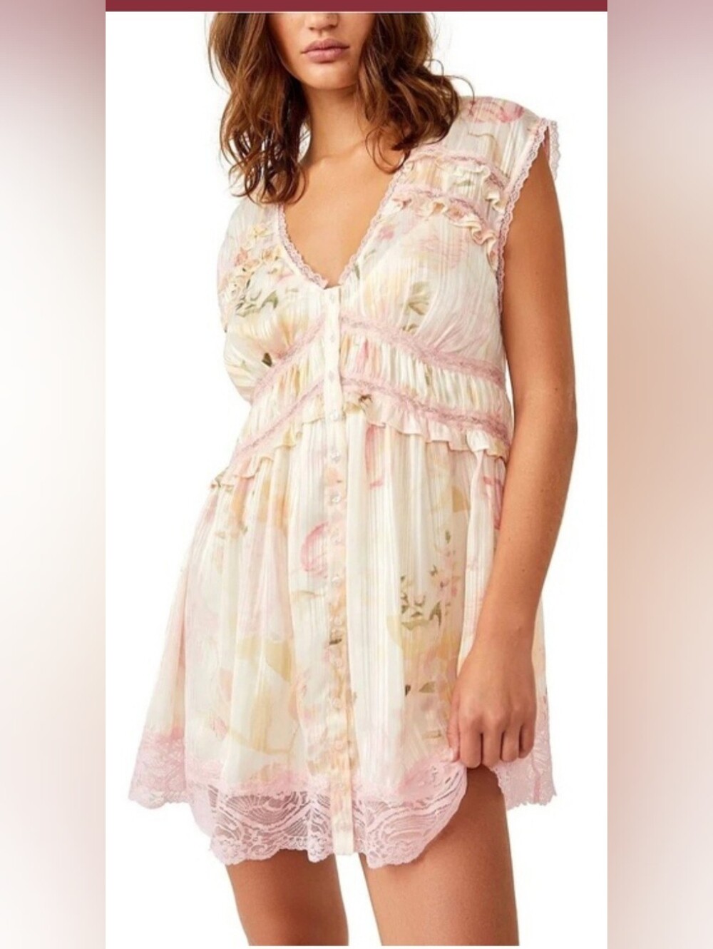 Free People Tunic Women Large Pink Floral Lace Ruffle Boho